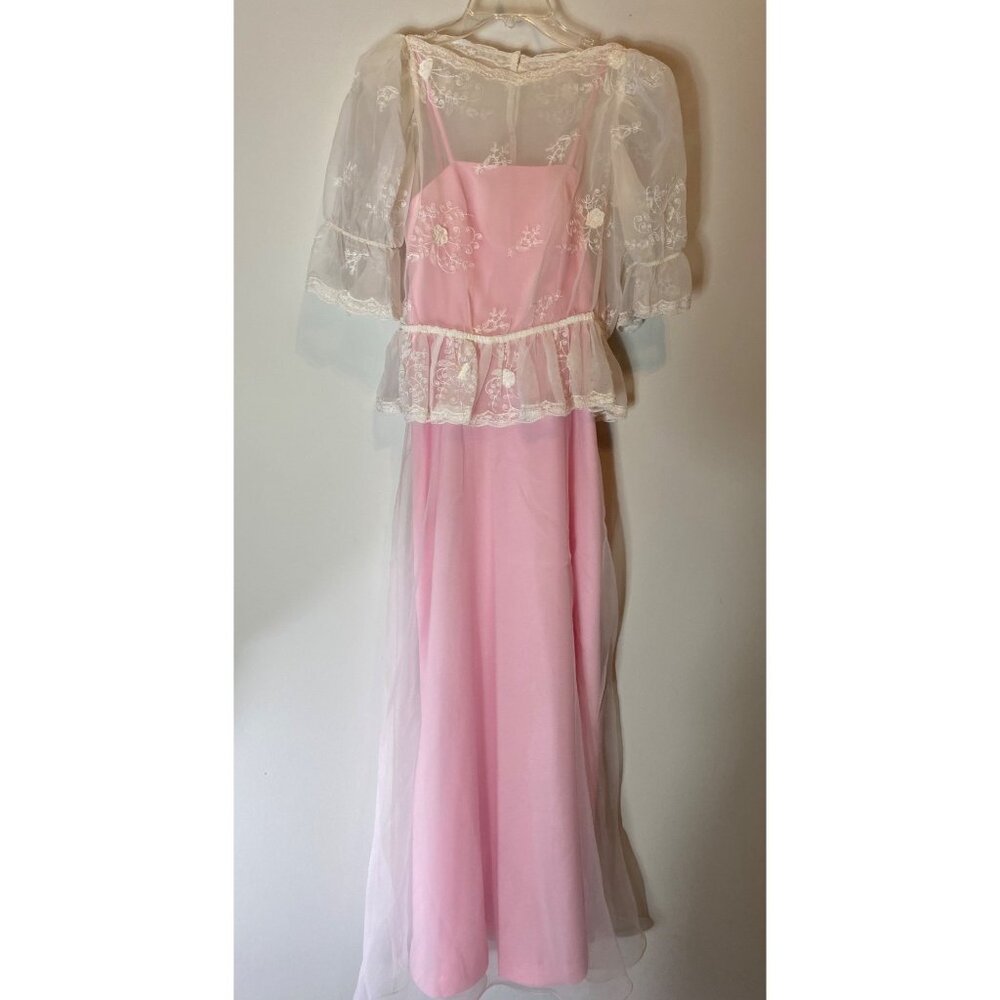 Vintage Maxi Dress Pink Sleeveless Gown White Lace Overlay & Puff Sleeves Homema